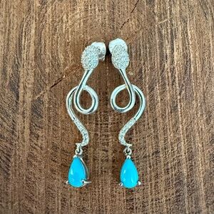 Snake Serpent Sleeping Beauty Turquoise and Zircon Sterling Silver Earrings